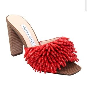 Charles David Women's Red Hottie Beaded Leather Suede Block Heel Sandals - NWT